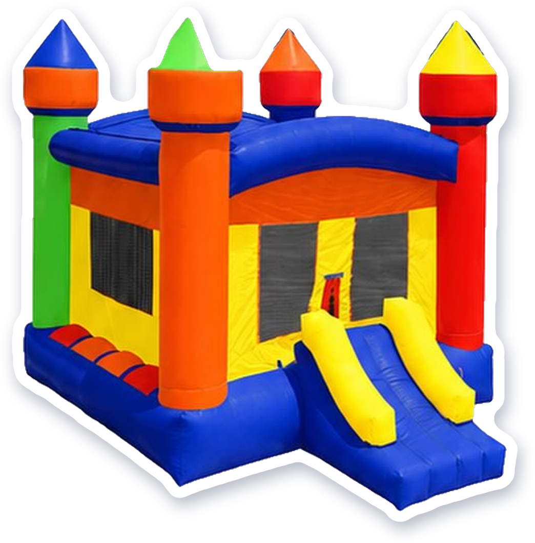 Classic Castle, an open bounce castle with four turrets and a single slide