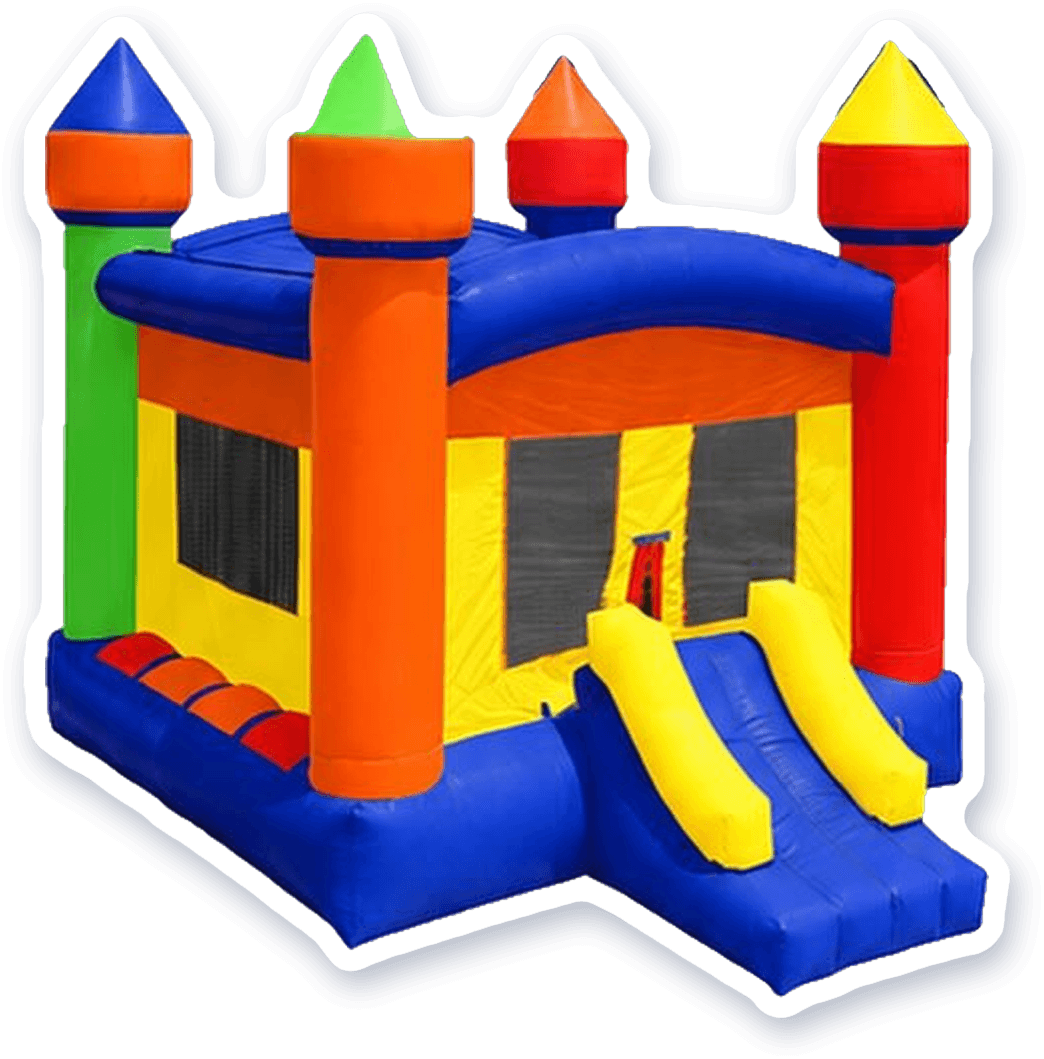 Classic Castle, an open bounce castle with four turrets and a single slide