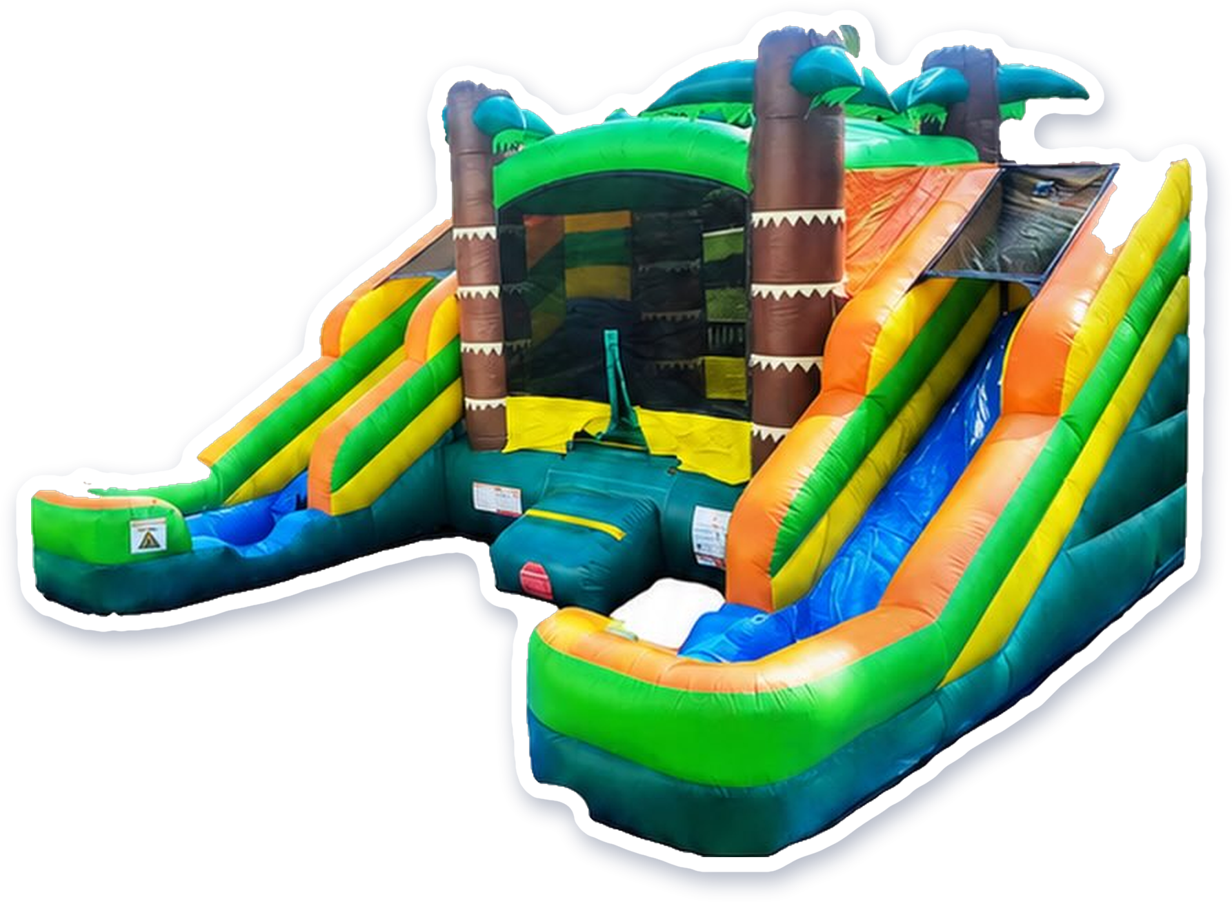 Castle with Double Water Slide, a palm tree combo castle with a wide slide down each side