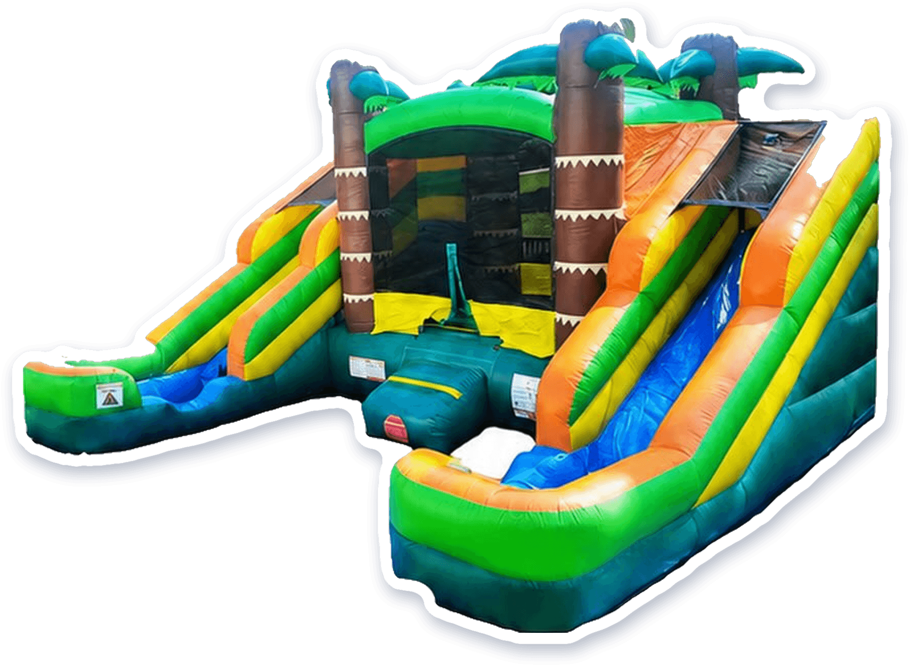 Castle with Double Water Slide, a palm tree combo castle with a wide slide down each side